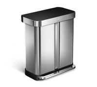 simplehuman 58L (34/24) Rectangular Recycling Double Kitchen Pedal Bin with Liner Pocket, Silent Soft Close Lid, Strong Wide Pedal, Dent-Proof Lid, Brushed Stainless Steel with Black Plastic Lid
