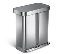 simplehuman 58L (34/24) Rectangular Recycling Double Kitchen Pedal Bin with Liner Pocket, Silent Soft Close Lid, Strong Wide Pedal, Dent-proof Lid, Brushed Stainless Steel with Grey Plastic Lid CW2209