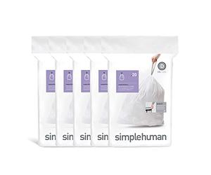 simplehuman Code D 100 Liners, 50% Recycled Custom Fit Bin Bags in Dispenser Packs, Durable Drawstring Tie Handle, 20L, White