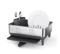 simplehuman Compact Steel Frame Dish Rack, Kitchen Drainer, 360º Swivel Spout, Wine Glass & Cutlery Holder, Grey with Brushed Stainless Steel, W 38.0cm x H 19.0cm x D 39.4cm, KT1184DC
