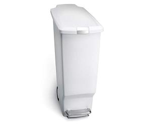 simplehuman CW1362 40L Slim Recycling Kitchen Pedal Bin with Lid Lock, Silent Soft Close Lid, Built In Wheels, Stay-Open Lid, White Plastic, W 26.0cm x H 64.0cm x D 49.0cm