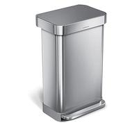 simplehuman CW2080 45L Rectangular Kitchen Pedal Bin with Liner Pocket, Silent Soft Close, Strong Pedal, Dent-Proof Lid, Brushed Stainless Steel with Grey Plastic Lid, W 40.5cm x H 65.5cm x D 33.8cm