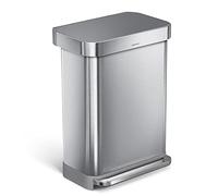 simplehuman Rectangular Pedal Bin, 55L Kitchen Bin, Liner Rim System, Liner Pocket®, 150,000-Step Pedal, Lid Shox® Silent Close, Brushed Stainless Steel with Grey Plastic Lid