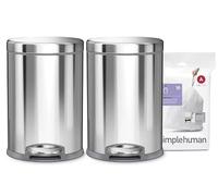 simplehuman Round Pedal Bin Bundle, 2 × 4.5L Compact Bathroom Bins + 30 Code A Custom Fit Liners, 150,000-Step Pedal, Lid Shox® Silent Close, Brushed Stainless Steel