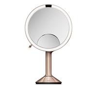 simplehuman ST3034 20cm Sensor Mirror Trio with Touch-Control Brightness, Light Up Makeup Magnifying Mirror, 10x, 5x, 1x Magnification, LED, Dual Light Setting, Rechargeable, Rose Gold Stainless Steel