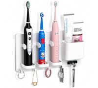 simpletome Adhesive Electric Toothbrush Holder Wall Mounted (White) | no drilling required | adhesive installation | 2pcs self-adhesive tape included | abs plastic | with 6hooks | razor hanger