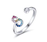 SIMPLGIRL Initial Rings 925 Sterling Silver Letter Rings Rainbow Adjustable Alphabet Ring with Colored Cubic Zirconia for Women Girls, Initial Letter S