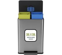 Simpli-Magic 60 Liter / 16 Gallon Rectangular Hands-Free Dual Compartment Recycling Kitchen Step Trash Can with Soft-Close Single Lid, Stainless Steel (30L x 30L Capacity)