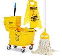 Simpli-Magic Side Press Wringer Combo Commercial Mop Bucket on Wheels, 35 Quart,Yellow, Including Wet Floor Caution Sign and Mop Set