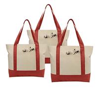 Simpli-Magic Stylish Canvas Tote Bag with an External Pocket, Top Zipper Closure, Daily Essentials, 3 Pack, 20" x 15" x 6", Red/Natural