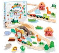 SIMPLIPLAY 45PCS Jungle Wooden Train Set with Safari Figures, Crash Barrier
