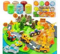 SIMPLIPLAY Construction Sensory Kit with 6 PCS 18oz Glitter Doughs & Accessories(About 80pcs), Color Dough Set, Construction Boy Sensory Kit with Toy Trucks for Kids Toddlers Creative Gift