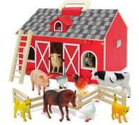 SIMPLIPLAY Farm Animal Toys with Portable Large Wooden Barn for Kids 3+ Years Old, 10 PCS Farm Animal Figurines for Boys, Girls, Animal Lovers, Gift for Kids Toddlers, Improve Fine Motor Skills