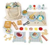 SIMPLIPLAY Wooden Play Cooking Set, Play Kitchen Accessories, Montessori Kitchen Set, Play Food Sets for Kids Kitchen with Play Pots and Pans, Play Dishes, Shopping Bag for Kids Toddlers Gift