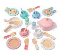 SimpliPlay Wooden Toy Plates and Dishes for Kitchen Set, 30PCS Montessori Play Kitchen Accessories for Toddlers with Toy Pots and Pans, Wooden Play Cooking Set for 3-8 Years Girls & Boys