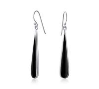 Simplistic Boho Fashion Black Onyx Inlay Long Flat Teardrop Shaped Dangle Earrings For Women Teen .925 Sterling Silver Fish Hook Wire Threader
