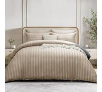 Simply Amelia King Size Duvet Cover Sets Stripes Satin Quilt Cover Bedding Sets with Pillowcases Hypoallergenic Ultra Soft Microfiber (Beige, 220 x 230 cm)