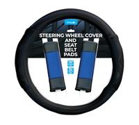Simply Auto Padded Black & Blue Steering Wheel Cover with Seat Belt Pads Set