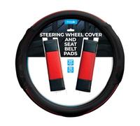 Simply Auto Padded Black & Red Steering Wheel Cover with Seat Belt Pads Set