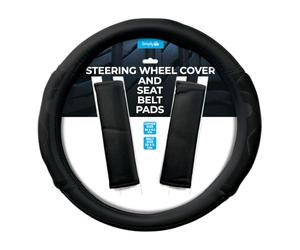 Simply Auto Padded Black Steering Wheel Cover with Seat Belt Pads Set