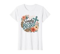 Simply Blessed Floral Cross Leopard Print Design Value Graphic T-Shirt, Women, White, S