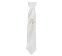 Simply Charming Boy's First Communion White Tie with White and Gold Embroidered Cross, 13 Inches, Pre-tied, Made in USA
