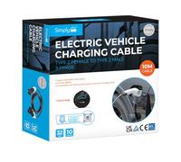 Simply EV015 Electric Vehicle Charging Cable, Type 2 to Type 2, 3-Phase, 32 Amp, 10 Metre Length, IP65 Rated, IEC/TUV Certified, UKCA/CE Compliant