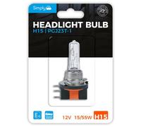 Simply H15 Headlight Bulb in blister packaging, 12V 55W/15W, Base PGJ23T-1, complies with ECE R37, UV Filter, High Performance and Maximum Visibility