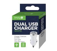 Simply ICDC02 Dual USB 1amp & 2.1amp Car Charger with LED Light Indicators for Apple Android and Other USB Devices, White