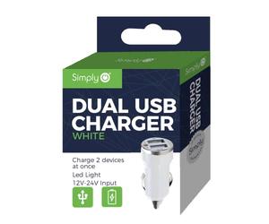 Simply ICDC02 Dual USB 1amp & 2.1amp Car Charger with LED Light Indicators for Apple Android and Other USB Devices, White