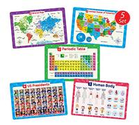 Simply Magic 5 Placemats for Kids - Kids Placemats Non Slip, Washable Reusable Children Placemats, Educational Placemats: USA and World Maps, Periodic Table, US Presidents, Plastic Placemats for Kids
