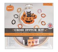 Simply MAKE Cross Stitch Kit Cat and Pumpkin Design Halloween, Hoop, Embroidery Thread, Fabric and Needle, for Beginners, Starter Cross Stitch Craft Kit, Gifts, Craft Hobbyists, Halloween Home Décor