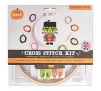 Simply MAKE Cross Stitch Kit Frankenstein's Monster Halloween, Hoop, Embroidery Thread, Fabric and Needle, for Beginners, Starter Cross Stitch Craft Kit, Great Gifts, Craft Hobbyists, Halloween Décor