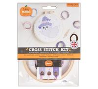Simply MAKE Cross Stitch Kit Friendly Ghost Design, Halloween, Hoop, Embroidery Thread, Fabric & Needle, for Beginners, Starter Cross Stitch Craft Kit, Great Gifts, Craft Hobbyists, Halloween Décor