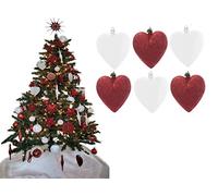 Simply Products 6 Heart Baubles - Great Christmas Tree Decorations, Glitter Heart Baubles (Red & White Glitter)