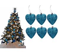 Simply Products 6 Heart Baubles - Great Christmas Tree Decorations, Glitter Heart Baubles (Turquoise Glitter)