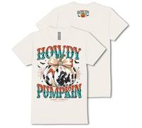Simply Southern Howdy Pumpkin - Cow Print - Bow - Webs - Bats - Fall - Adult T-Shirt, Linen Cream, XXL