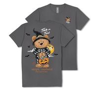 Simply Southern Trick or Treat - Teddy - Halloween - Pumpkin - Moon - Bats - Black Hat - Adult T-Shirt, Distressed Washed Coal, S