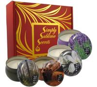 SIMPLY SUBLIME SCENTS - Luxury Scented Candle Gift Set for Women Christmas Birthday - Soy Wax - Cinnamon, Pine, Lavender, Vanilla - 4 Tins - Exceptional Fragrance Oils - Our Clever Wax Lasts Longer