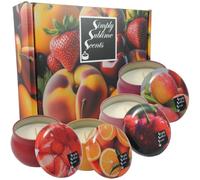 SIMPLY SUBLIME SCENTS - Luxury Scented Candle Gift Set - Soy Wax - Cherry, Orange, Peach, Strawberry - 4 Tins - Exceptional Fragrance Oils - Our Clever Wax Formula Lasts Longer - Cotton Wicks