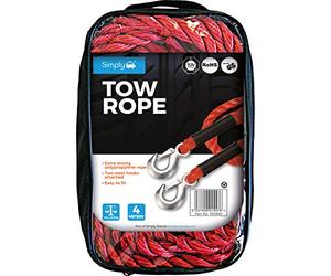 Simply TR2800 Red Touring Tow Rope - 4 Metres long - Supports up to 2800kg - Dual Spring Snap Hooks - Easy to Fit - Extra Strong Polypropylene Rope