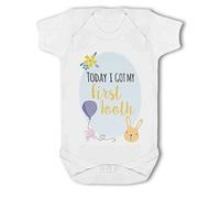 Simply Wall Art - Today I got my First Tooth Milestone - Baby Vest, 3-6 Months, Girl or Boy, New Born to 24mth White