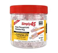 Simply45 Unshielded Pass-Through RJ45 Modular Plugs for 23AWG Solid (Cat6/6a UTP Solid) - Red Tinted, 3 Prong Pin Design, Hi/Lo Stagger - 100 Piece/Jar - S45-1700
