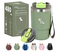 SimplyLivin. Insulated Tumbler with Lid and Straw | 480ml (16oz) | Travel Mug Coffee Cup Flask | Hot & Cold | Leak Proof | Double Wall Vacuum | Gift | Olive Green