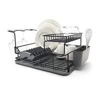 simplywire - Two Tier Dish Drainer - Black | Removable Over Sink Plate Drying Rack - Wine Glass Holder - Cutlery Basket - Plastic Coated Steel