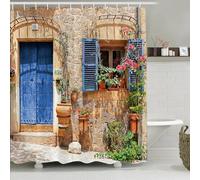 Simpomsy 3D Garden Shower Curtain, Fresh Plant Countrylife Style Retro Old Stone Wall Floral Basket Door Scenery with Green Plants, Scenery Bathroom Decoration Curtains with Hook 180x180cm