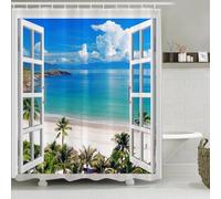Simpomsy Beach Shower Curtain, 3D Ocean Seascape Sky Clounds Nature Tropical Palm Tree Seagull Window Views Anti Mould Bath Curtains for Bathroom 150x180cm