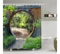 Simpomsy Garden Shower Curtain Green Botany Leaves Natural Village Bathroom Curtain Round Wooden Door Farmhouse Vintage Shower Curtain for Bathroom Decor with 12 Hooks 200x180cm