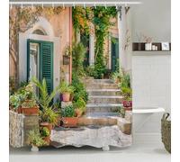 Simpomsy Street Scenery Shower Curtain with Old Stone House and Flower Picture Lightweight Quick-dry Cloth Bathroom Curtain with Hooks Tall Floral Shower Curtain for Bathroom 180x180cm
