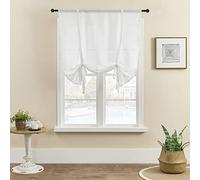 SIMPVALE 1 Piece Roman Blinds Tulle Tie Up Sheer Curtains with Rod Pocket Linen Weaving Translucent Voile Curtain for Living Room Bedroom Balcony Kitchen Bathroom, White, 120x140cm